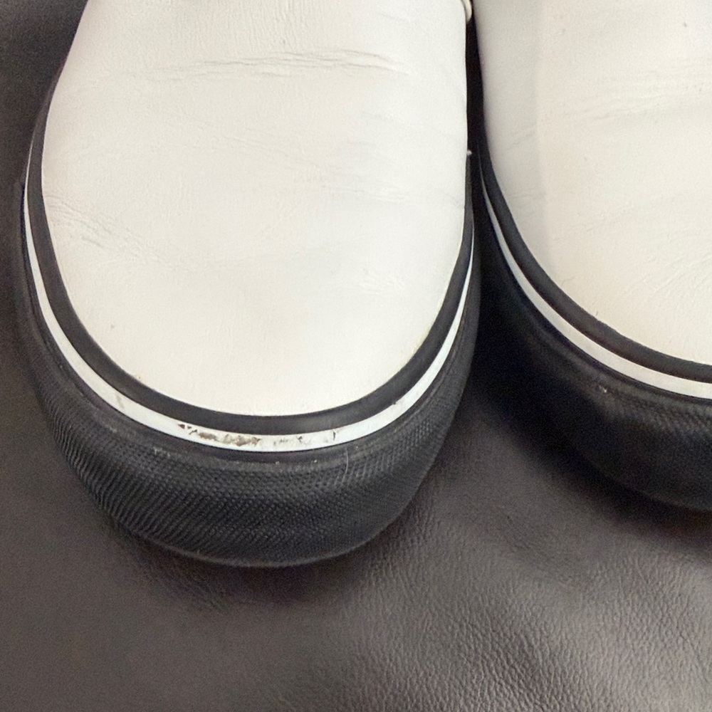 Vans White Leather Slip-On Sneakers with Black Sole and Red Heel - Picture 7 of 9